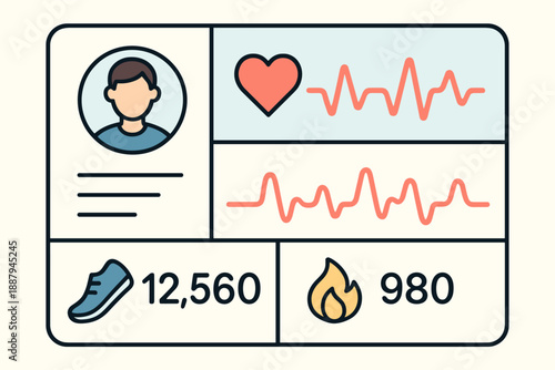 Fitness tracker dashboard with heart rate, steps, calories burned icons