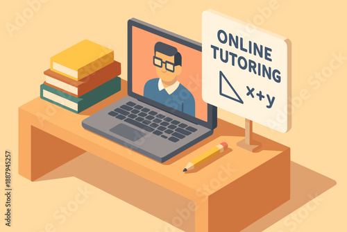 Asian male virtual tutor on screen with books and math sign