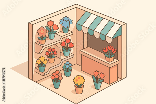 Charming isometric flower shop with colorful potted plants and awning