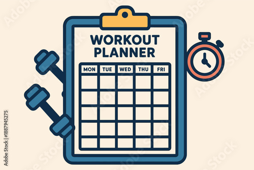 Weekly workout planner with dumbbells and stopwatch icon for fitness tracking