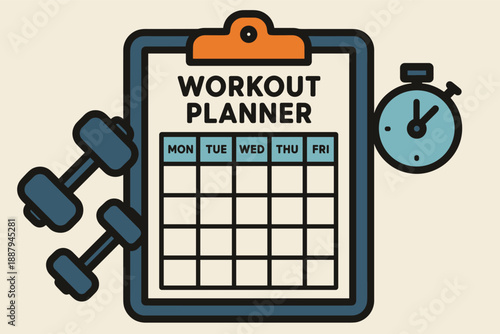 Workout planner with dumbbells and stopwatch for fitness routine scheduling