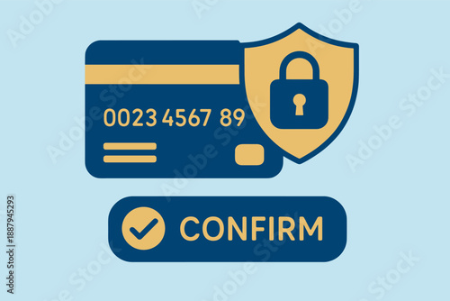 Secure online payment confirmation with credit card and padlock shield icon