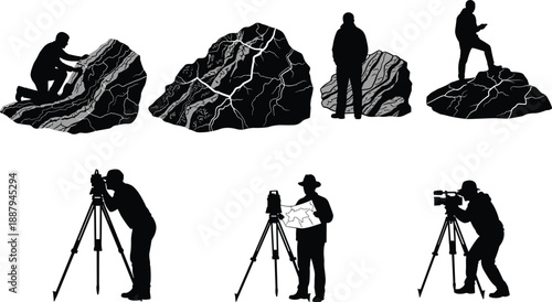 Geologist silhouette figures set, rock formations analysis, geological survey fieldwork scenes, earth science exploration icons, cad drawing flat vector illustration