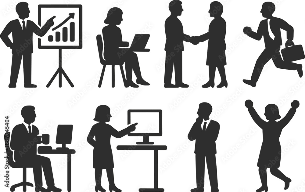 Fototapeta premium Silhouette figures in business settings: presentations, meetings, and celebrations