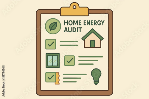 Eco-friendly home energy audit checklist with green icons on clipboard