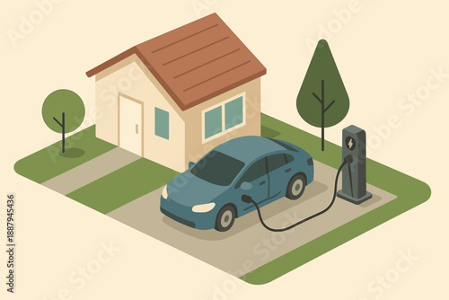 Isometric illustration of electric car charging at home with eco-friendly design