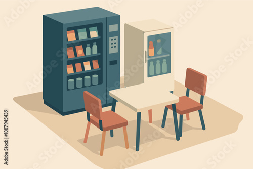 Cozy break room with vending machine, refrigerator, table, and chairs in minimalist style