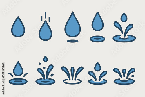 Blue water drop icons with splash variations on white background