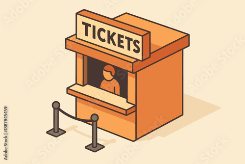 Isometric ticket booth with queue barrier and attendant