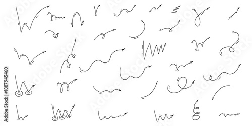 Manga and comic  arrow design elements.Bounce effect arrows doodle set.   Jump trajectory, ball motion expression. Vector illustration, line art