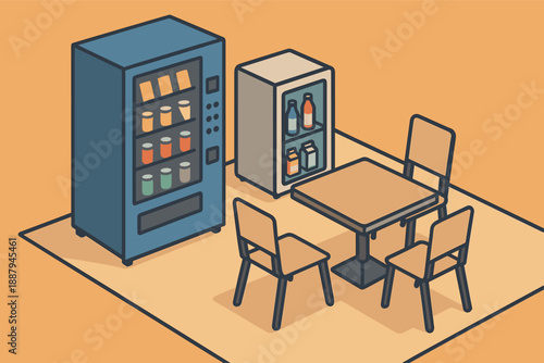 Isometric café scene with vending machine and dining area setup