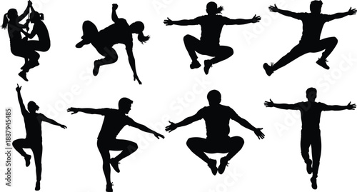 Jumping people silhouettes set, dynamic human action poses in air, energetic fitness dance movements, black active figures collection, isolated motion shapes, cad drawing flat vector illustration