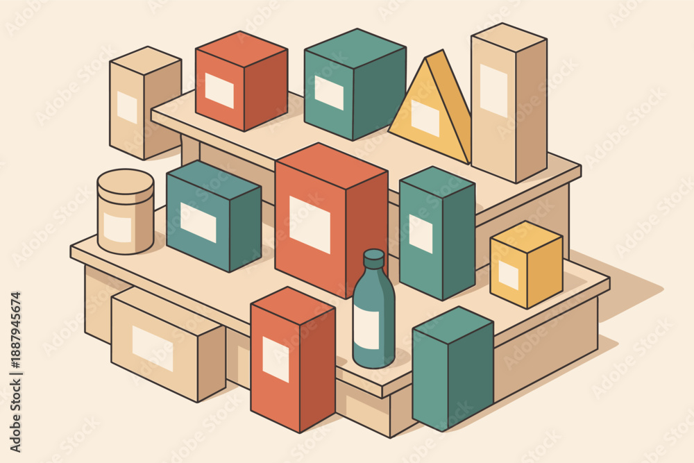 Obraz premium Isometric grocery shelf with assorted colorful boxes and bottles