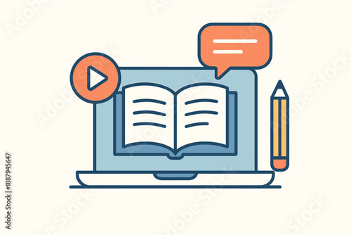 Online learning concept with laptop, book, video play button, and pencil icon