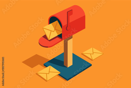 Red mailbox with envelopes on orange background