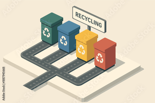 Colorful recycling bins with road elements on beige background