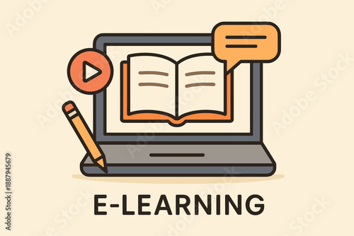 E-learning concept with laptop, open book, play button, and speech bubble