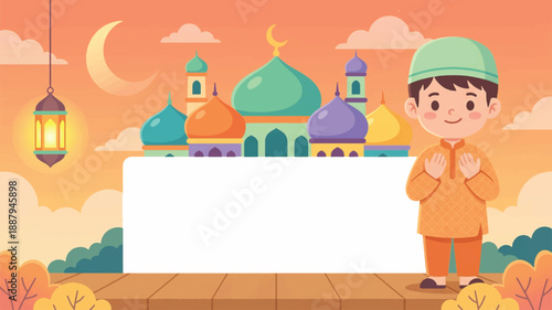 Cute Muslim Boy Praying at Mosque with Ramadan Lantern and Crescent Moon