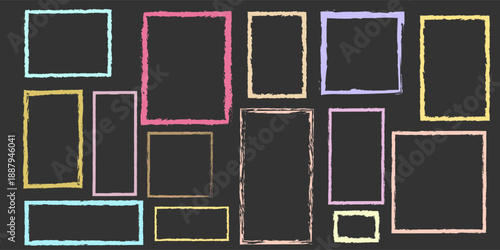 Chalk pencil rectangle frames doodle set. Crayon colored borders in sketch style, rectangular and square shapes, grunge texture. Hand drawn vector illustration isolated