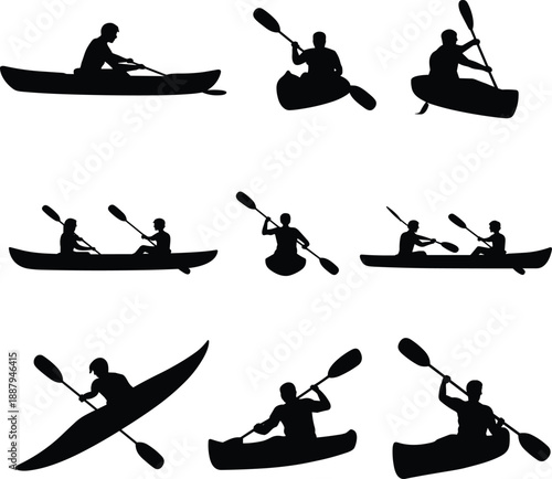 Black silhouette collection of kayaking and canoeing people paddling boats, outdoor water sport activity icons, adventure recreation concept isolated on white background
