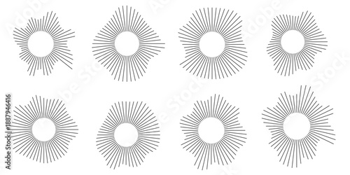 Sound waves in circular forms, linked with audio music, round voice icons, logos for equalizers, radial spectrums, rings. Flat vector illustrations isolated