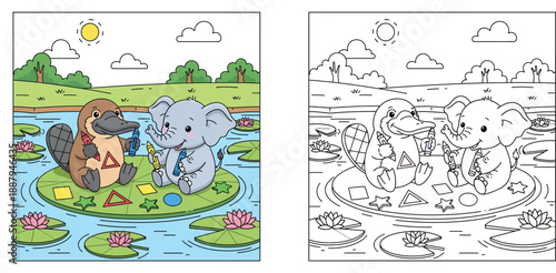 Cute cartoon platypus and baby elephant drawing geometric shapes on giant lily pad vector illustration. Happy animals holding crayons in pond nature scene for education.