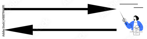 Two large arrows point in opposite directions, with a person holding a pointer and clarifying concepts. Ideal for perception, education, logic, decision-making, analysis, focus, simple flat metaphor