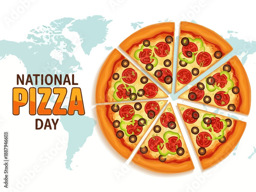 National pizza day celebration with a delicious pizza on a world map background