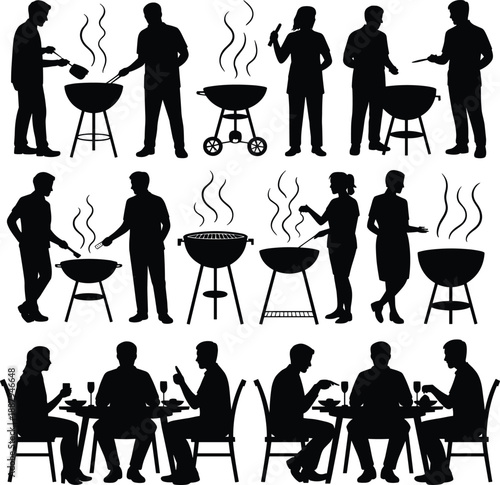 Black silhouette collection of people grilling barbecue and dining together outdoors, summer cooking activities, family gathering, social event scenes, isolated vector illustration set