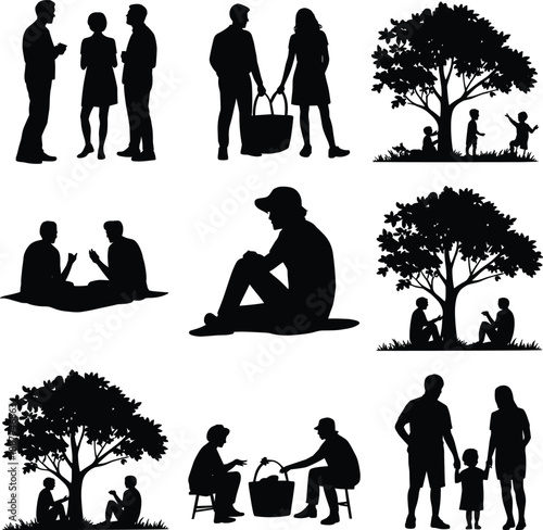 Black silhouettes of family people social interactions outdoor scenes with trees depicting relationships communication childhood loneliness community life concepts bonding togetherness