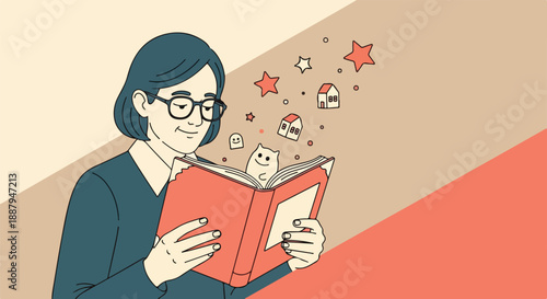 Woman wearing glasses reads a book, with whimsical illustrations of a cat, stars, and houses floating out, symbolizing imagination and storytelling.