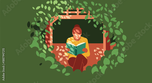 Woman reading a book in a peaceful garden gazebo surrounded by lush green leaves and dappled sunlight.
