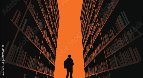Silhouette of a person standing between tall bookshelves in a library, bathed in warm orange light
