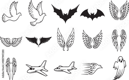 Angel Wings Set in Black and White Vector Illustration