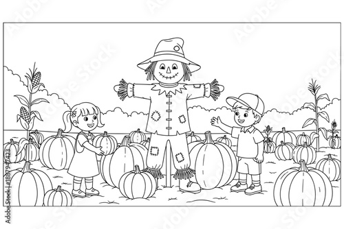 A delightful autumn scene with children and a scarecrow amidst a bountiful pumpkin patch, perfect for seasonal coloring activities