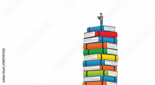 A small person stands on a towering stack of colorful books, engrossed in reading, symbolizing the journey of lifelong learning, education, and the pursuit of knowledge and wisdom.