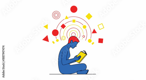 Conceptual illustration of a person reading a book, surrounded by abstract geometric shapes representing knowledge, ideas, and intellectual growth.
