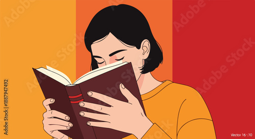 Young woman engrossed in reading a book, enjoying a moment of quiet study or leisure, depicted in a modern flat illustration style with a warm background.