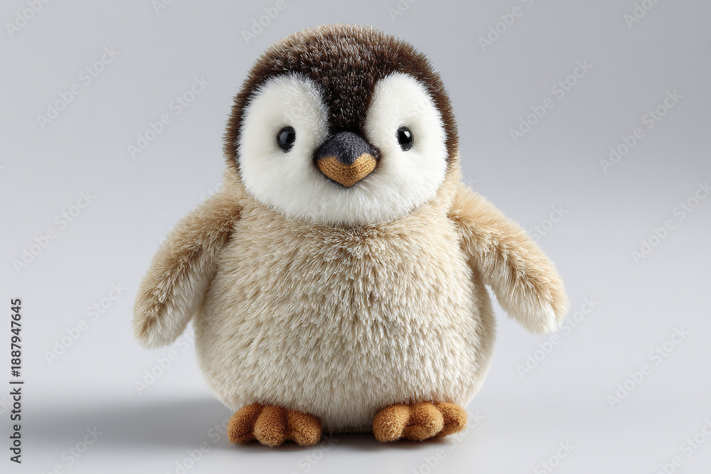 Fototapeta premium Plush penguin toy with rounded body and small wings, soft fur texture, cute face with black eyes and orange beak, standing on neutral gray background, adorable and realistic