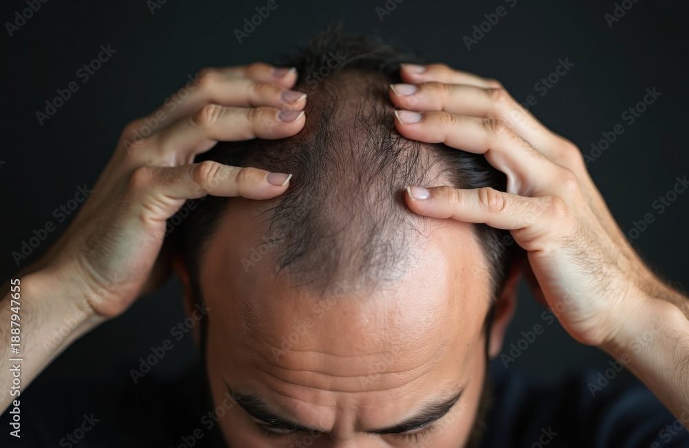 Fototapeta premium Man worries about balding scalp. Hands touch thinning hair on head. Male hair loss concern shown on dark background. Mature adult checks hairline. Aging problem.