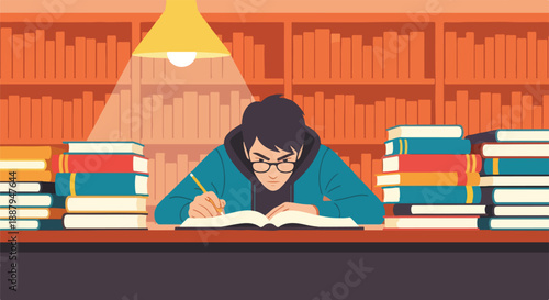 Young man studying diligently in a library, surrounded by books, illuminated by a desk lamp. Concentrated student learning and researching.