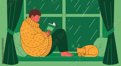 Comfortable indoor scene: Man in a cozy sweater reading a book by the window on a rainy day with his sleeping pet cat.