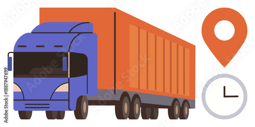 Logistics planning, delivery tracking, freight transport, supply chain, time management, shipment services. A cargo truck with location marker and clock. Logistics and delivery tracking concept