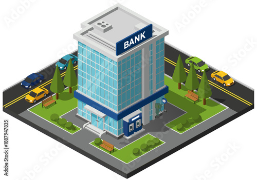 Isometric vector illustration of a modern bank building with cars on the street