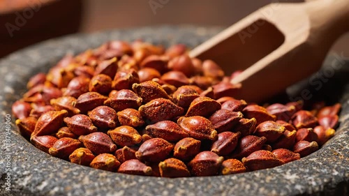 Wallpaper Mural A closeup highangle view of a rustic stone bowl overflowing with raw unprocessed buckwheat groats showcasing their rich reddishbrown hue and unique triangular shape with a small wooden scoop nestled . Torontodigital.ca