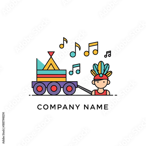 Cartoon Boy Wearing Feathered Headdress Pushing Toy Train.