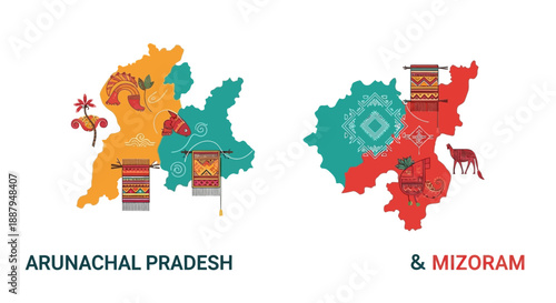 Illustrations of Arunachal Pradesh and Mizoram state day symbols in India with cartoon elements and icons.