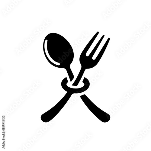 Elegant minimalist spoon and fork with napkin ring icon, vector illustration for catering and fine dining logo.