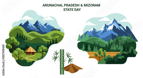 Illustration of Arunachal Pradesh and Mizoram State Day, featuring cartoon landscapes and symbols of India, with elements and icons representing the states, for kids and general use.