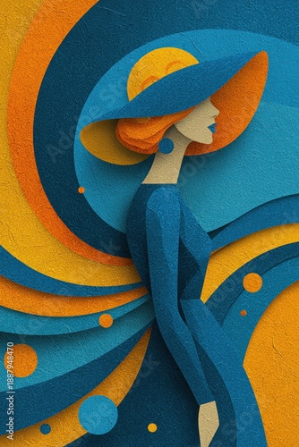 Wallpaper Mural Elegant Woman in Blue Dress with Hat and Colorful Abstract Background Torontodigital.ca
